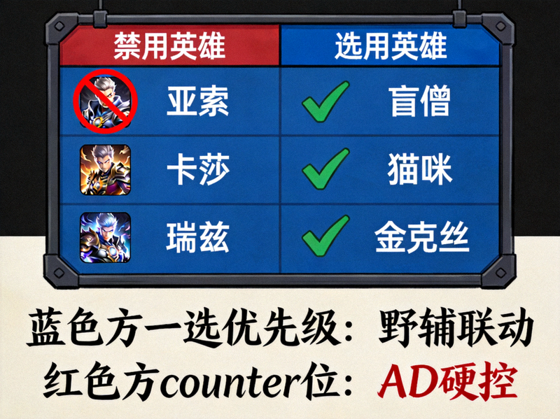 职业联赛BP禁选阶段战术板与英雄选择分析画面
